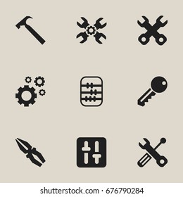 Set Of 9 Editable Service Icons. Includes Symbols Such As Cogwheels, Handle Hit, Arithmetic. Can Be Used For Web, Mobile, UI And Infographic Design.