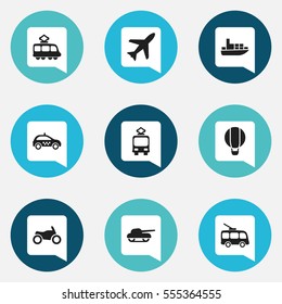Set Of 9 Editable Shipment Icons. Includes Symbols Such As Ship, Aircraft, Motorbike And More. Can Be Used For Web, Mobile, UI And Infographic Design.