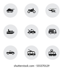 Set Of 9 Editable Shipment Icons. Includes Symbols Such As Pickup Truck, Chopper, Streetcar And More. Can Be Used For Web, Mobile, UI And Infographic Design.