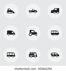 Set Of 9 Editable Shipment Icons. Includes Symbols Such As Suv, Drophead Coupe, Tour Bus And More. Can Be Used For Web, Mobile, UI And Infographic Design.