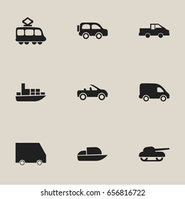 Set Of 9 Editable Shipment Icons. Includes Symbols Such As Yacht, Travel Pickup, Food Transport And More. Can Be Used For Web, Mobile, UI And Infographic Design.