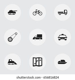 Set Of 9 Editable Shipment Icons. Includes Symbols Such As Tractor, Weapon, Camion And More. Can Be Used For Web, Mobile, UI And Infographic Design.