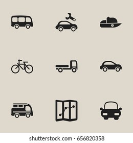 Set Of 9 Editable Shipment Icons. Includes Symbols Such As Vessel, Lorry, Tour Bus And More. Can Be Used For Web, Mobile, UI And Infographic Design.