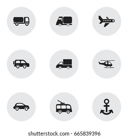 Set Of 9 Editable Shipment Icons. Includes Symbols Such As Car Vehicle, Shipping, Airplane And More. Can Be Used For Web, Mobile, UI And Infographic Design.