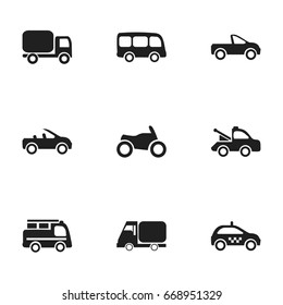 Set Of 9 Editable Shipment Icons. Includes Symbols Such As Drophead Coupe, Service Car, Carriage And More. Can Be Used For Web, Mobile, UI And Infographic Design.