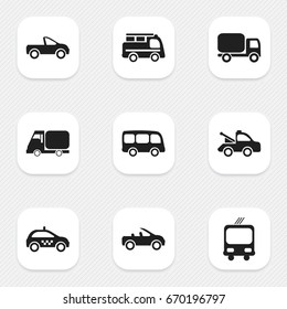 Set Of 9 Editable Shipment Icons. Includes Symbols Such As Drophead Coupe, Tour Bus, Service Car And More. Can Be Used For Web, Mobile, UI And Infographic Design.