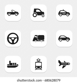 Set Of 9 Editable Shipment Icons. Includes Symbols Such As Drive Control, Ship, Cab And More. Can Be Used For Web, Mobile, UI And Infographic Design.