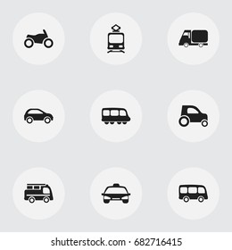 Set Of 9 Editable Shipment Icons. Includes Symbols Such As Lorry, Motorbus, Tramcar And More. Can Be Used For Web, Mobile, UI And Infographic Design.