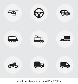 Set Of 9 Editable Shipment Icons. Includes Symbols Such As Omnibus, Drive Control, Camion And More. Can Be Used For Web, Mobile, UI And Infographic Design.