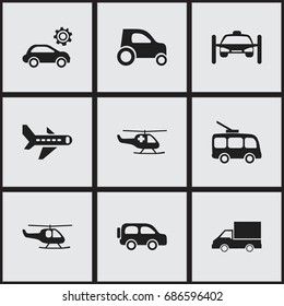 Set Of 9 Editable Shipment Icons. Includes Symbols Such As Omnibus, Airplane, Part Of Car And More. Can Be Used For Web, Mobile, UI And Infographic Design.