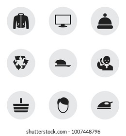 Set of 9 editable shopping icons. Includes symbols such as monitor, hairstyle, clothes and more. Can be used for web, mobile, UI and infographic design.