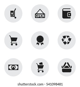 Set Of 9 Editable Shopping Icons. Includes Symbols Such As Shopping Case, Shopping Bag, Wheelbarrow And More. Can Be Used For Web, Mobile, UI And Infographic Design.