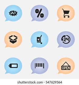 Set Of 9 Editable Shopping Icons. Includes Symbols Such As Freight Delivery, Label, Shopping Bag And More. Can Be Used For Web, Mobile, UI And Infographic Design.