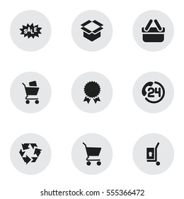 Set Of 9 Editable Shopping Icons. Includes Symbols Such As Shopping Case, Wheelbarrow, Package And More. Can Be Used For Web, Mobile, UI And Infographic Design.