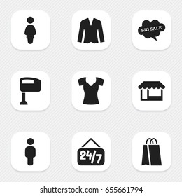 Set Of 9 Editable Shopping Icons. Includes Symbols Such As Vest, Human, Package And More. Can Be Used For Web, Mobile, UI And Infographic Design.