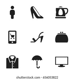Set Of 9 Editable Shopping Icons. Includes Symbols Such As Stiletto, E-Commerce, Gingham And More. Can Be Used For Web, Mobile, UI And Infographic Design.