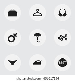 Set Of 9 Editable Shopping Icons. Includes Symbols Such As Wallet, Scissors, Woman Symbol And More. Can Be Used For Web, Mobile, UI And Infographic Design.