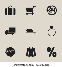 Set Of 9 Editable Shopping Icons. Includes Symbols Such As Backing Call, Attache Case, Bonnet And More. Can Be Used For Web, Mobile, UI And Infographic Design.