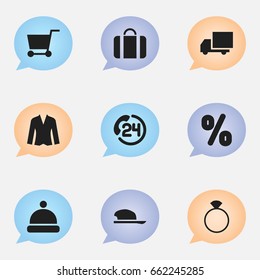 Set Of 9 Editable Shopping Icons. Includes Symbols Such As Bonnet, Backing Call, Cardigan And More. Can Be Used For Web, Mobile, UI And Infographic Design.