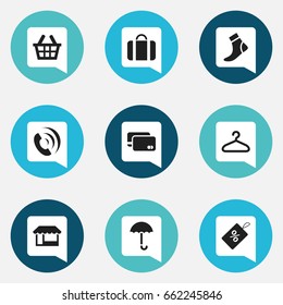 Set Of 9 Editable Shopping Icons. Includes Symbols Such As Basket, Suspender, Hosiery And More. Can Be Used For Web, Mobile, UI And Infographic Design.