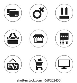 Set Of 9 Editable Shopping Icons. Includes Symbols Such As Grocery, Open Everyday, Direction And More. Can Be Used For Web, Mobile, UI And Infographic Design.