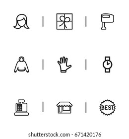 Set Of 9 Editable Shopping Icons. Includes Symbols Such As Hoodie, Wristwatch, Store And More. Can Be Used For Web, Mobile, UI And Infographic Design.
