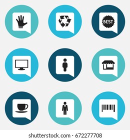 Set Of 9 Editable Shopping Icons. Includes Symbols Such As Saucer, Badge, Monitor And More. Can Be Used For Web, Mobile, UI And Infographic Design.