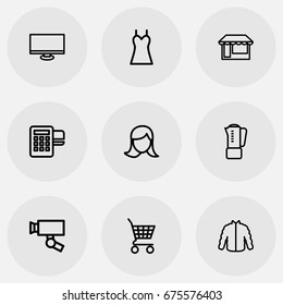 Set Of 9 Editable Shopping Icons. Includes Symbols Such As Woman Face, Basket, Cardigan And More. Can Be Used For Web, Mobile, UI And Infographic Design.