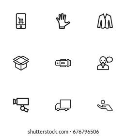 Set Of 9 Editable Shopping Icons. Includes Symbols Such As Mitten, Belt, Box Clear And More. Can Be Used For Web, Mobile, UI And Infographic Design.