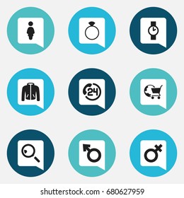 Set Of 9 Editable Shopping Icons. Includes Symbols Such As Boy Symbol, Jewelry, Research And More. Can Be Used For Web, Mobile, UI And Infographic Design.