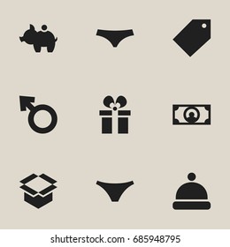 Set Of 9 Editable Shopping Icons. Includes Symbols Such As Present  Box, Tag, Boy Symbol And More. Can Be Used For Web, Mobile, UI And Infographic Design.