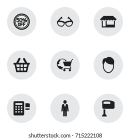 Set Of 9 Editable Shopping Icons. Includes Symbols Such As Hairstyle, Job Person, International Trade And More. Can Be Used For Web, Mobile, UI And Infographic Design.