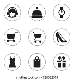 Set Of 9 Editable Shopping Icons. Includes Symbols Such As Stiletto , Present  Box, Handcart. Can Be Used For Web, Mobile, UI And Infographic Design.