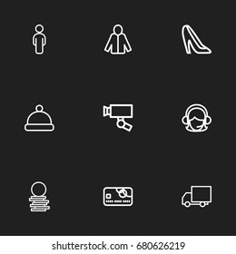 Set Of 9 Editable Shopping Outline Icons. Includes Symbols Such As Cardigan, Person, Pompom And More. Can Be Used For Web, Mobile, UI And Infographic Design.