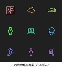 Set Of 9 Editable Shopping Outline Icons. Includes Symbols Such As Sock, Wristwatch, Giftbox And More. Can Be Used For Web, Mobile, UI And Infographic Design.