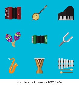 Set Of 9 Editable Song Flat Icons. Includes Symbols Such As Sticks, Range, Instrument And More. Can Be Used For Web, Mobile, UI And Infographic Design.