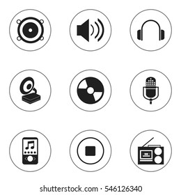 Set Of 9 Editable Song Icons. Includes Symbols Such As Cassette Player, Music Phone, Earphone And More. Can Be Used For Web, Mobile, UI And Infographic Design.