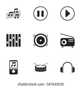 Set Of 9 Editable Song Icons. Includes Symbols Such As Musical Sign, Snare, Media Fm And More. Can Be Used For Web, Mobile, UI And Infographic Design.