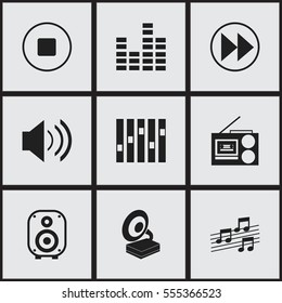 Set Of 9 Editable Song Icons. Includes Symbols Such As Musical Sign, Equalizer, Bar Wave And More. Can Be Used For Web, Mobile, UI And Infographic Design.