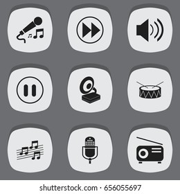 Set Of 9 Editable Song Icons. Includes Symbols Such As Stop, Phonograph, Snare And More. Can Be Used For Web, Mobile, UI And Infographic Design.