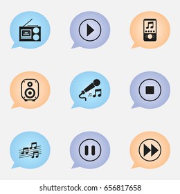 Set Of 9 Editable Song Icons. Includes Symbols Such As Speaker, Karaoke, Cassette Player And More. Can Be Used For Web, Mobile, UI And Infographic Design.
