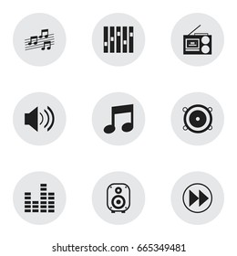Set Of 9 Editable Song Icons. Includes Symbols Such As Equalizer, Cassette Player, Bass Speakers And More. Can Be Used For Web, Mobile, UI And Infographic Design.
