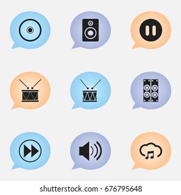 Set Of 9 Editable Song Icons. Includes Symbols Such As Drum, Sky Note, Pause And More. Can Be Used For Web, Mobile, UI And Infographic Design.