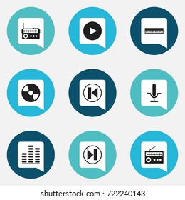 Set Of 9 Editable Song Icons. Includes Symbols Such As Pianoforte, Play Button, Retro Tuner And More. Can Be Used For Web, Mobile, UI And Infographic Design.
