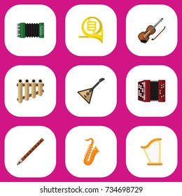 Set Of 9 Editable Sound Flat Icons. Includes Symbols Such As Zither, Accordion, Flute And More. Can Be Used For Web, Mobile, UI And Infographic Design.