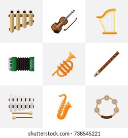 Set Of 9 Editable Sound Flat Icons. Includes Symbols Such As Timbrel, Sticks, Fife And More. Can Be Used For Web, Mobile, UI And Infographic Design.