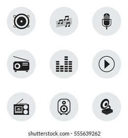 Set Of 9 Editable Sound Icons. Includes Symbols Such As Bar Wave, Bass Speakers, Cassette Player And More. Can Be Used For Web, Mobile, UI And Infographic Design.