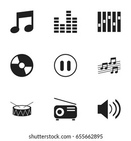 Set Of 9 Editable Sound Icons. Includes Symbols Such As Snare, Disc, Equalizer And More. Can Be Used For Web, Mobile, UI And Infographic Design.