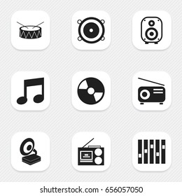 Set Of 9 Editable Sound Icons. Includes Symbols Such As Speaker, Equalizer, Bass Speakers And More. Can Be Used For Web, Mobile, UI And Infographic Design.