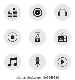 Set Of 9 Editable Sound Icons. Includes Symbols Such As Earphone, Music Phone, Bar Wave And More. Can Be Used For Web, Mobile, UI And Infographic Design.